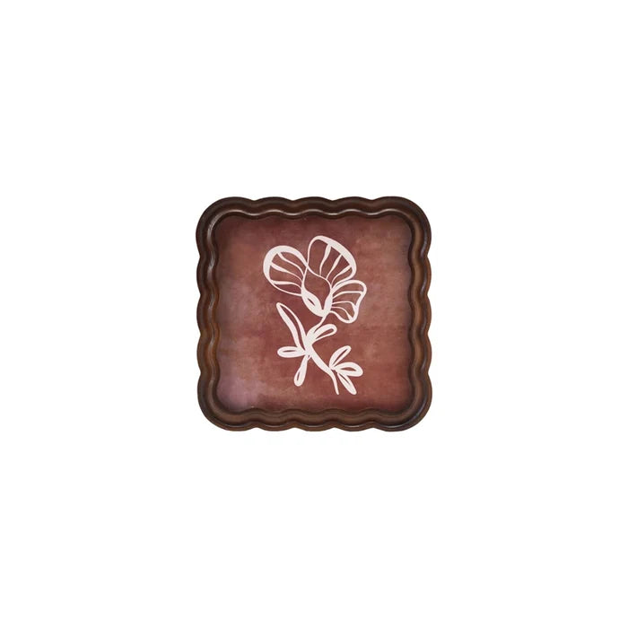 Square scalloped photo frame with dark wooden edges featuring a minimalist white floral artwork on a mauve background