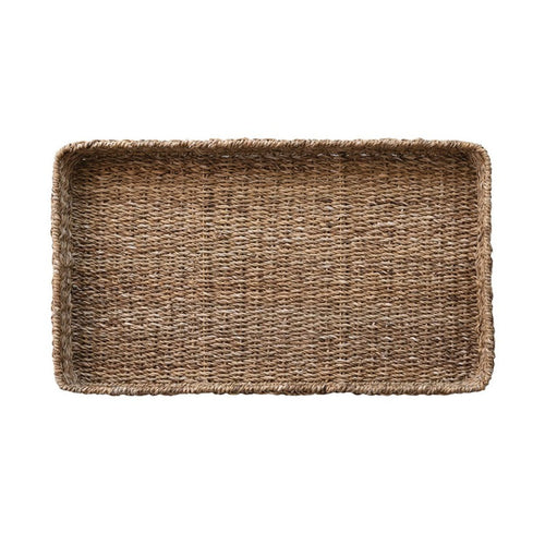 Rectangular woven seagrass tray with natural brown tones, suitable for home decor and serving purposes.