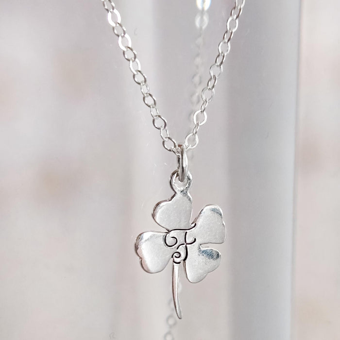 Silver Four Leaf Clover Initial Necklace Salt and Sparkle