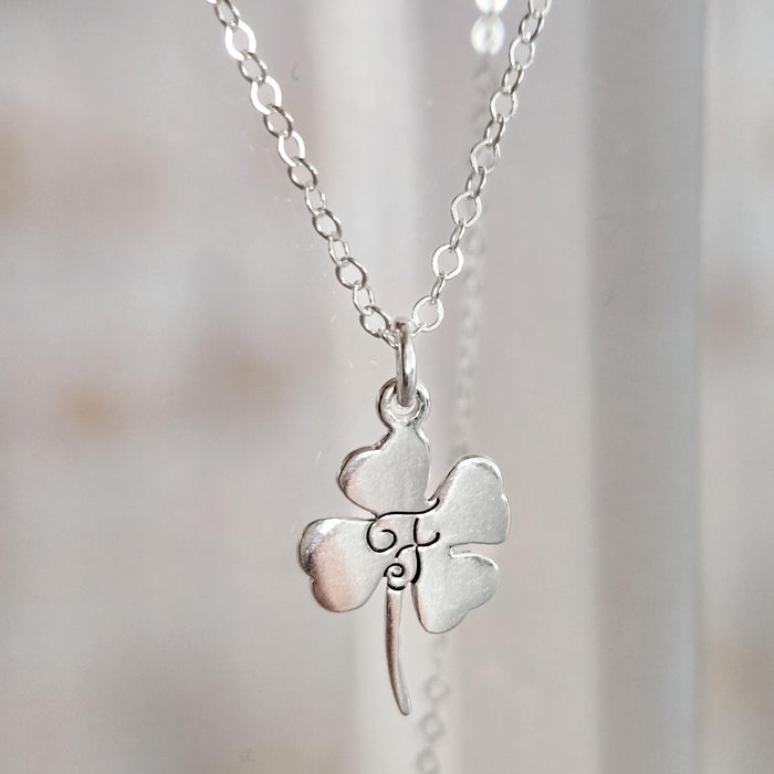 Silver Four Leaf Clover Initial Necklace Salt and Sparkle