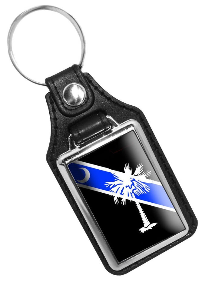 South Carolina Thin Blue Line Police Crescent Moon Palm Tree Faux Leather Key Ring