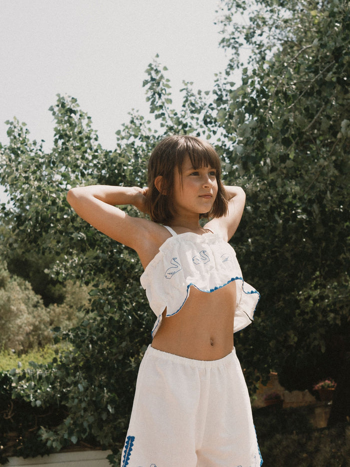 Swans Bows Linen Top in Off White