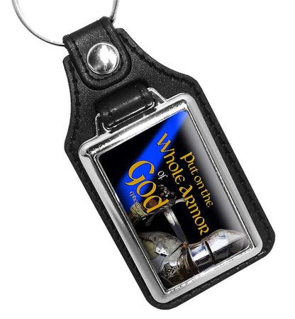 Thin Blue Line Put On The Whole Armor of God Faux Leather Key Ring