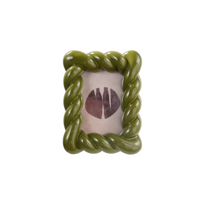 Green rope-style picture frame with a white background