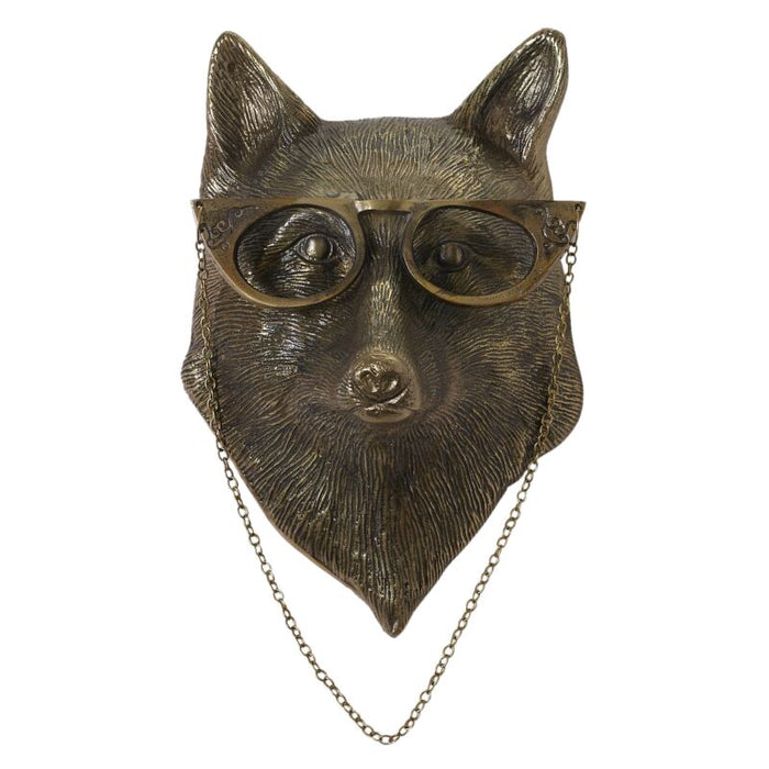 Bronze fox head wall decor wearing vintage-style glasses with chain, detailed textured fur artwork for home decor