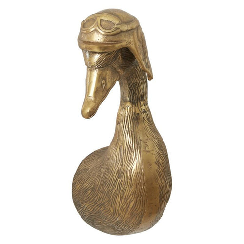 Brass wall-mounted goose sculpture wearing vintage aviator hat and goggles, textured surface detail.