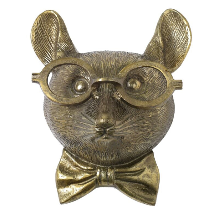 Decorative bronze wall-mounted mouse with glasses and bow tie, featuring detailed textured finish for home decor.