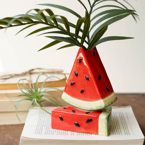 Ceramic watermelon slice vase with green leafy plant, resting on open book pages on wooden surface.
