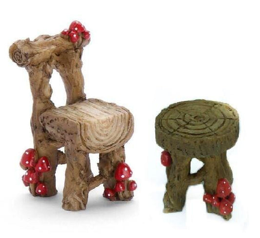 Wood Chair or Stool with Red Mushrooms, Miniature Wood Furniture Choice,  Fairy Garden Accessory